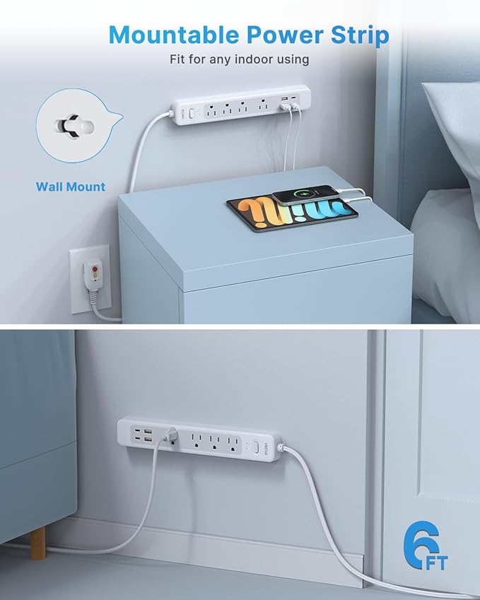 VINTAR 2 Prong GFCI Power Strip, 2 Prong to 3 Prong GFCI Plug Adapter, 6ft Extension Cord with 4 Outlets & 4 USB(2 USB-C), 1440J Surge Protector, Polarized Plug Wall Mount for Non-Grounded Outlet