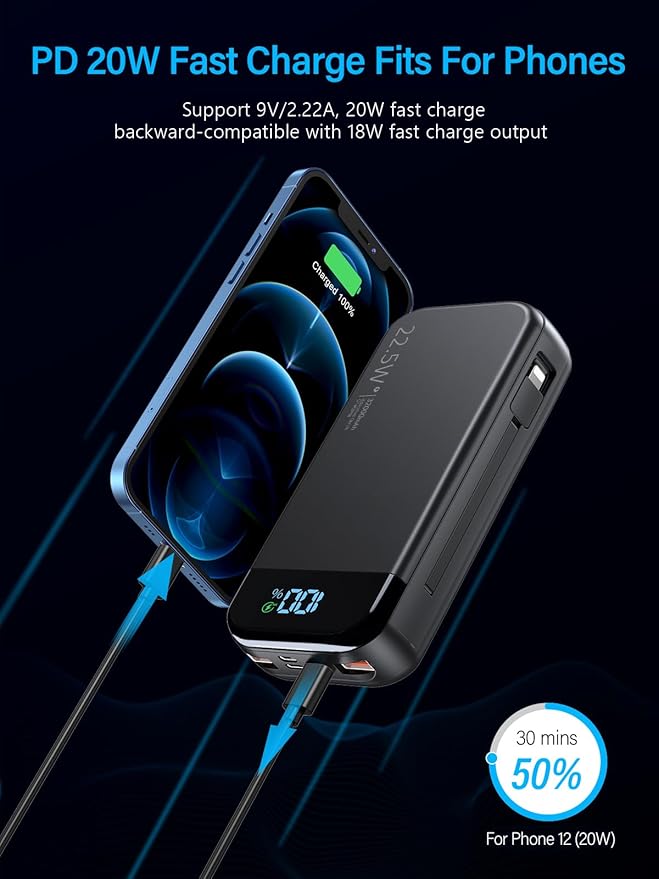 Portable Charger 32000mAh, 22.5W QC 3.0 PD 20W Smart LED Display Fast Charging Built in Cables MFi Certified Power Bank, External Battery Pack Charge 5 Devices Compatible with Cellphones (Black)