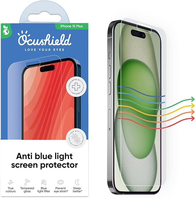Ocushield Anti Blue Light Tempered Glass Screen Protector for iPhone 15 Plus (6.7") - Protect Your Eyes, Reduce Migraines & Improve Sleep