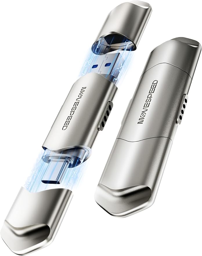 MOVE SPEED USB Drive 2TB External SSD 1000MB/s USB 3.2 Gen2+USB C Dual Ports Portable Zinc Alloy Thumb Drive Stick, External Drive with Metal Casing for iPhone 15/16/17 Series/Mac/Android Phone