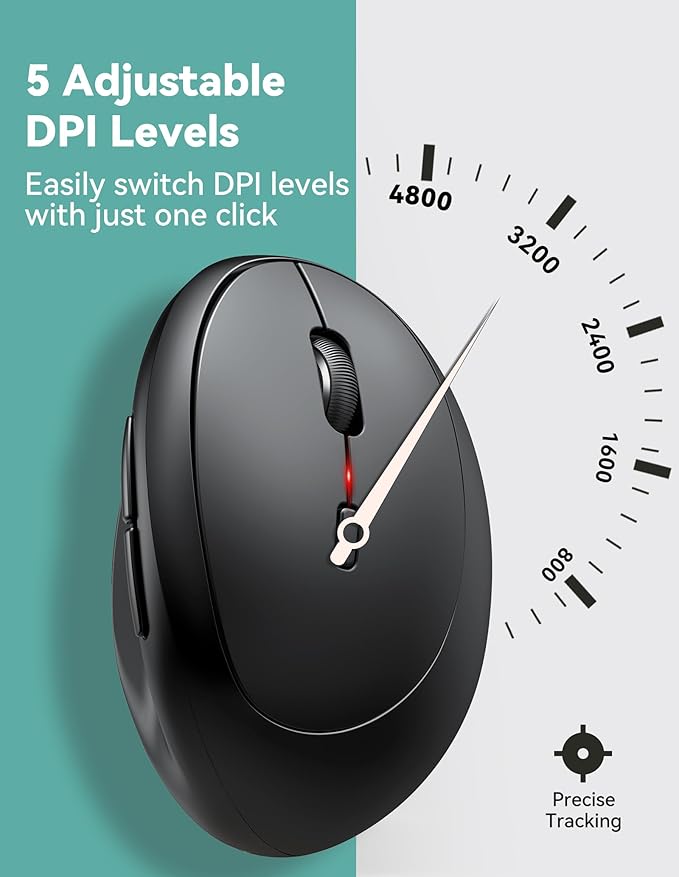 TECKNET Ergonomic Mouse, 4800 DPI 5 Adjustable DPI Levels, Wireless Vertical Mouse, 6 Buttons, 2.4G Silent Mouse for Laptop, PC, Chromebook, Mac - Black