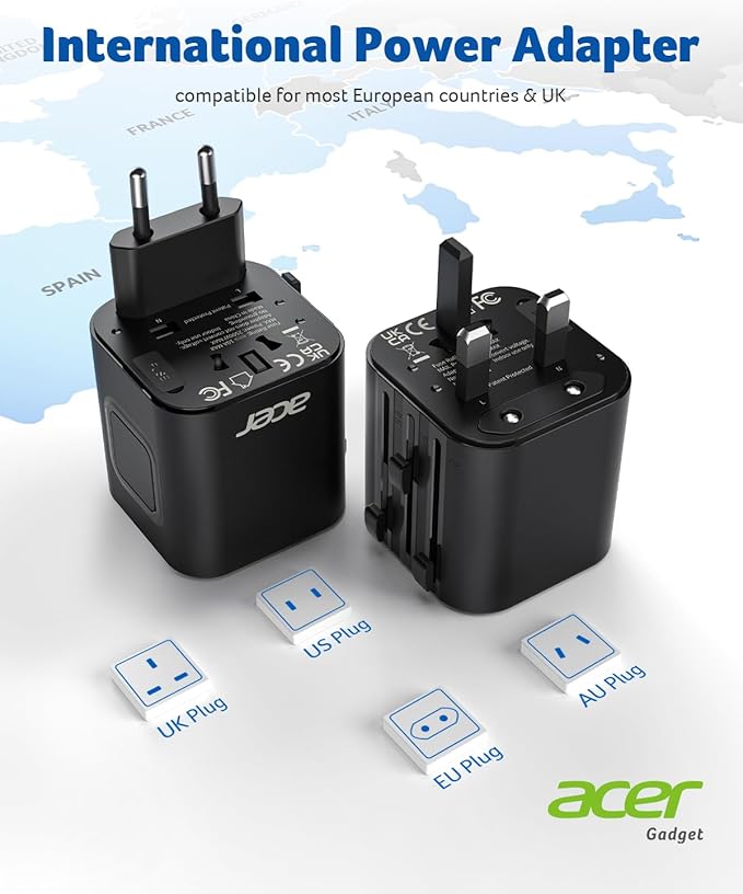 Acer US to Europe Plug Adapter, Universal Travel Adapter, International Power Adapter for USA to Europe UK France Germany Spain Ireland Australia (Type C/G/A/I),Black