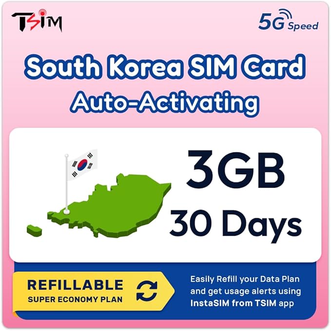 South Korea SIM Card | 3GB Super Economy Refillable Plan! Auto Activating 30 Day Validity | Hotspot Allowed | Data-Only No Phone Number