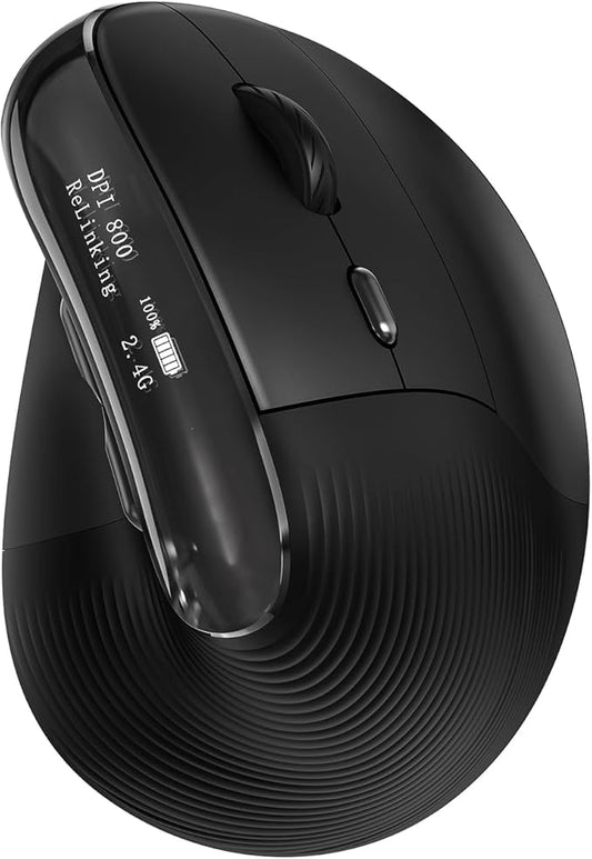Wireless Ergonomic Mouse, Vertical Ergo Mouse with OLED Screen, Quiet Click, Rechargeable, Wired/Bluetooth/2.4GHz, 5 Adijustable DPI 800-6400 for Laptop, PC, Desktop, Computer, Black