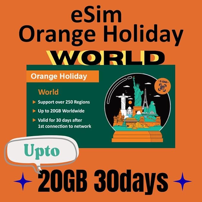 Orange Holiday Worldwide Prepaid eSIM Card 20GB Internet Data for 30 Days in 4G/LTE (Data tethering Allowed) + International SMS & Calls (International sim, Asia America Europe)