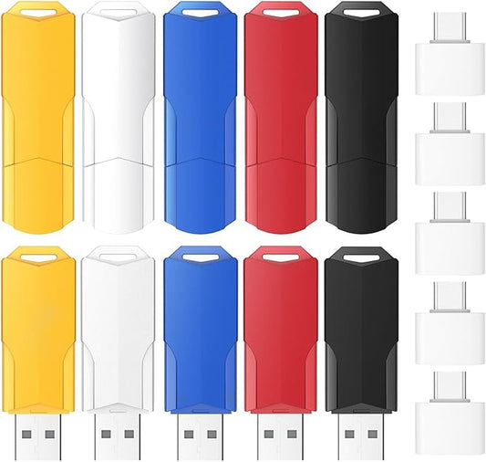 1GB Flash Drives 10 Pack Wooolken USB 2.0 Thumb Drives with 5 Pack USB C Adapters and Lanyards,Memory Sticks for Data Storage