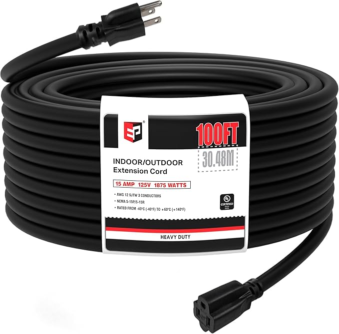 EP 100 Ft Outdoor Extension Cord - 12/3 SJTW Heavy Duty Black Extension Cable with 3 Prong Grounded Plug - Power Cord for Lawn, Garden, Appliances