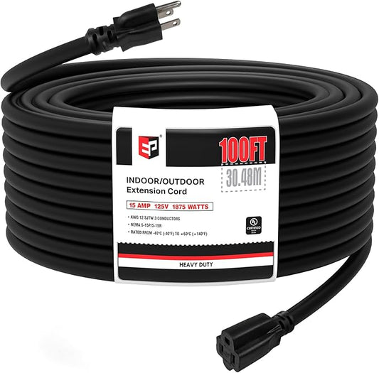 EP 100 Ft Outdoor Extension Cord - 12/3 SJTW Heavy Duty Black Extension Cable with 3 Prong Grounded Plug - Power Cord for Lawn, Garden, Appliances
