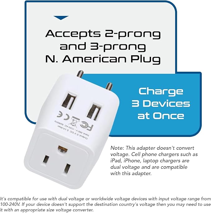 Ceptics European, Egypt Travel Adapter Plug with Dual USB - Type C - Europe - Usa Input - Light Weight - Perfect for Cell Phones, Chargers, Cameras and More - 2 Pack