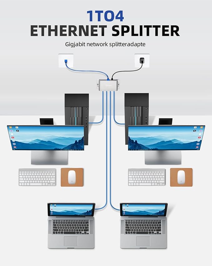 Ethernet Splitter,Ethernet Switch 4 Port,Network switches fixable,Computer Networking switches,gigabit 4 Port switcheEthernet Cable Splitter 1000Mbps Plug & Play Desktop or Wall Mount
