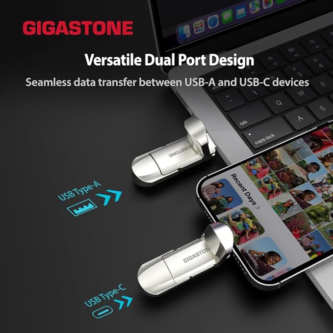 Gigastone Duo Pro Flip USB-A+C 256GB (2-Pack) Dual External Portable SSD 500MB/s Supports Apple 4K 60fps ProRes HDR Video Recording USB3.2 Gen 2 for iPhone 16 PS5 Mac iPad Laptop Android