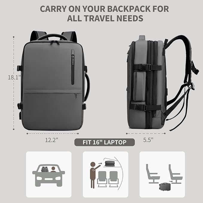 Travel Backpack for Men Women, Expandable Backpacks with Charging Port for Business Work Commute Casual, Grey