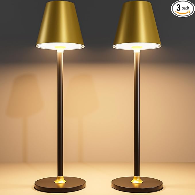 Modern LED CordlessTable Lamp,4000mAh Rechargeable Battery Desk lamp,3 Level Brightness Kitchen Light, Portable,Minimalist Design, for Couple Dinner/Coffee Table/Restaurant/Bedroom(Gold&Black 2pack)