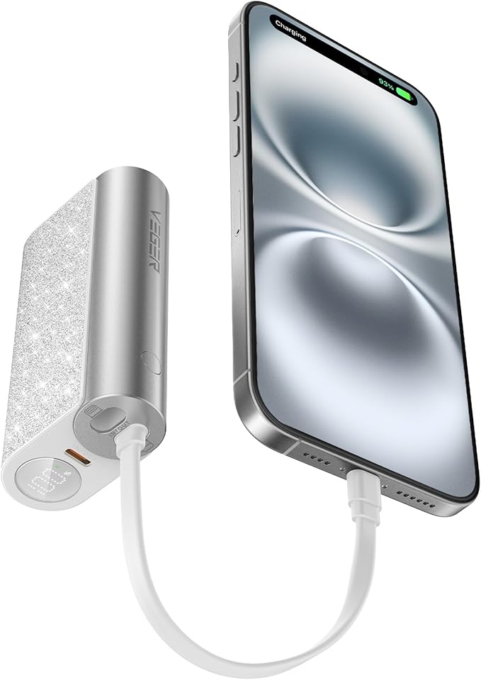 VEGER Compact Portable Charger with Built in Cable(Removable), 10000mAh Cute Power Bank 20W Fast Charging, Sparkling Battery Pack Fashion Travel Accessory Compatible with iPhone 15/14, Android-Sliver