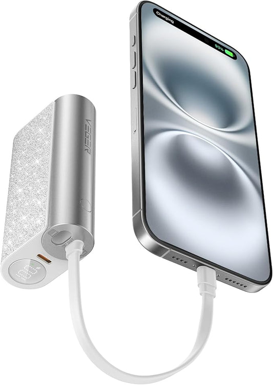 VEGER Compact Portable Charger with Built in Cable(Removable), 10000mAh Cute Power Bank 20W Fast Charging, Sparkling Battery Pack Fashion Travel Accessory Compatible with iPhone 15/14, Android-Sliver