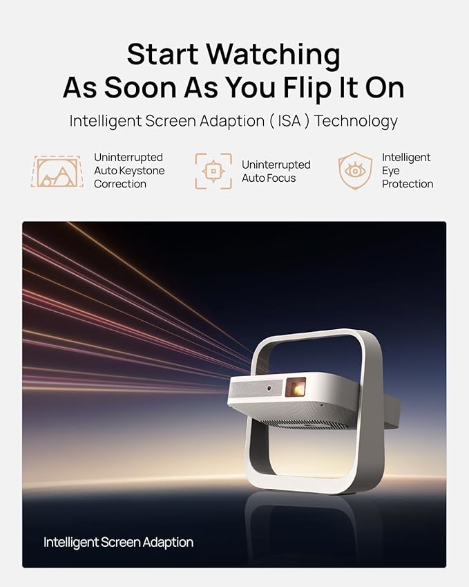 XGIMI Elfin Flip Plus Portable Projector, Google TV with Licensed Netflix, 500 ISO Lumens, 1080P Resolution Home Projector, Build-in Adjustable Stand, Lightweight and Compact Design, Screen Adaption