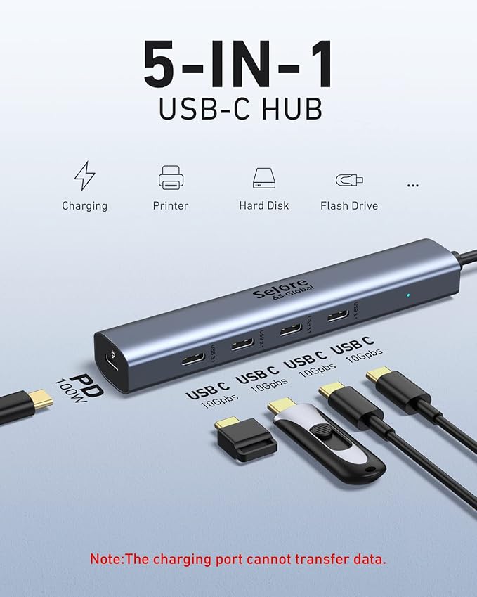 10Gbps USB-C Hub, 5-Port USB-C Splitter with 100W Power Delivery, Multiport Adapter for Laptops, USBC Hub for MacBook Pro/Air M2/M1, iPad, Dell, HP, Samsung
