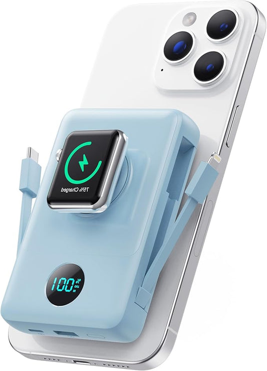 Magnetic Portable Charger for iPhone with Built-in Cables, 6-in-1 10800mAh Power Bank with iWatch Charger & LCD Display,25W Fast Charging Battery Pack for iPhone 16/15/14/13/12,Apple Watch (Sky Blue)