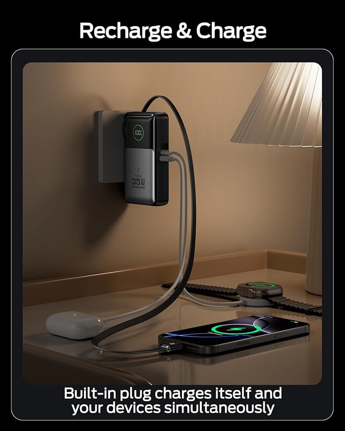 MOVE SPEED 3 in 1 Portable Charger with Built-in Retractable 27.6in Cable and Foldable Wall Plug, 35w 10,000mAh GaN Fast Charging Power Bank, Travel Essential Battery Pack for iPhone 17/16/15,Galaxy