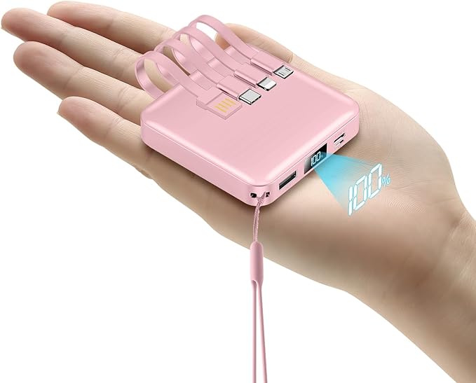 Portable Charger with Built-in Cable,12000mAh 22.5W Fast Charging Small Power Bank,USB C Input/Output with Smart LED Display,External Battery Pack for iPhone,Tablet,Samsung