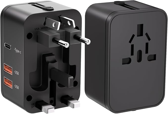 Travel Adapter with 2 USB A+1 USB C,Universal All in One Worldwide Travel Adapter,Power Converters Wall Charger,AC Power Plug Adapter,International Power Adapter for USA EU UK AUS Black
