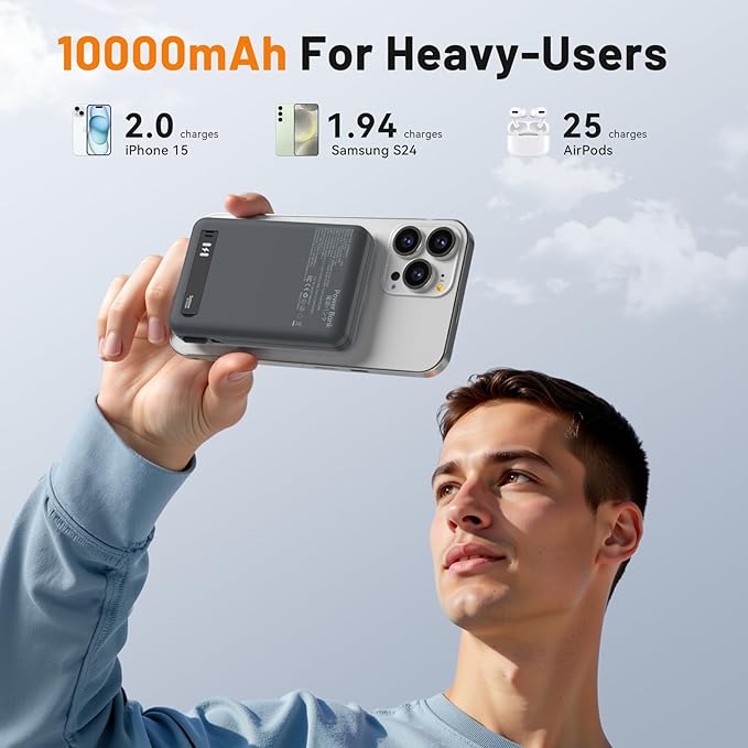 Magnetic Portable Charger 10,000mAh Qi2 Certified 15W Fast Charging Wireless Power Bank, Magsafe Battery Pack with Foldable Stand, PD20W USB C Built in Cable, for iPhone 16/15/14/13/12 Series