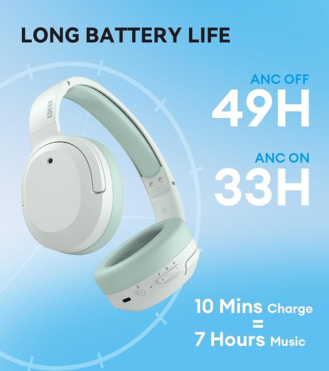 Edifier W820NB Plus Hybrid Active Noise Cancelling Headphones - LDAC Codec - Hi-Res Audio Wireless & Wired - Fast Charge - 49H Playtime - Over Ear Bluetooth V5.2 Headphones- Green