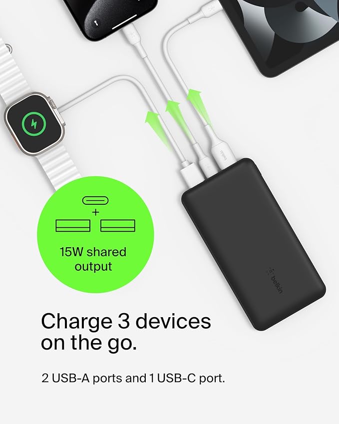 Belkin Portable Charger, USB-C Power Bank 20000 mAh w/ 2 USB-A Ports, 15W w/ Type-A to Type-C Cable for iPhone 17, Air, Pro, Pro Max, Samsung Galaxy S25, Google Pixel 10, etc. - Black