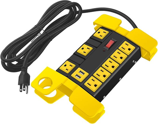 CCCEI Heavy Duty Power Strip with USB, Workshop 8 Outlet Surge Protector 2700 Joules, Industrial Metal 15Amp Power Strip, 12 FT Extension Cord and Wide Spaced Black.