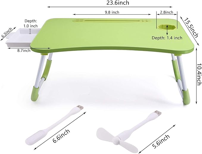 Slendor Lap Desk with Tablet Slot, Foldable Laptop Table with Storage Drawer for Bed，Portable Bed Desk for Laptop, Computer Tray with Cup Holder Notebook Stand Reading Holder for Couch Floor, Green