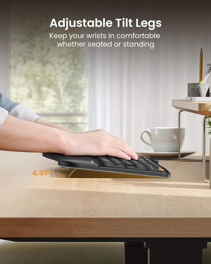 ProtoArc Backlit Bluetooth Ergonomic Keyboard, EK01 Plus Full Size Wireless Split Keyboard with Dual Bluetooth and USB, Cushioned Wrist Rest, Rechargeable, Compatible with Windows/Mac/Android, Black