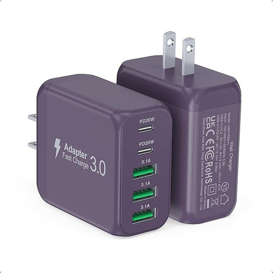 50W 2-Pack USB C Wall Charger Block, 5-Port C Charger Fast Charging Block PD Power Adapter +QC 3.0 Multiport Type C Box Brick Cube USB A Wall Plug for iPhone 14/15/16/17 Pro Max,Samsung Galaxy(Purple)