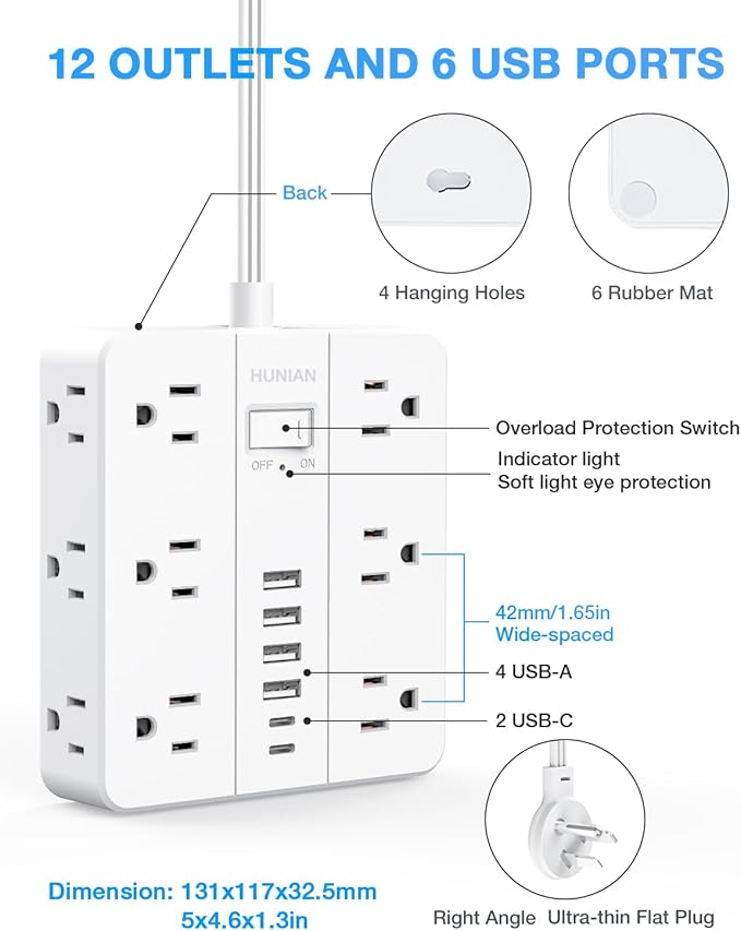 Power Strip with USB Ports, HUNIAN 5Ft Flat Plug Extension Cord Surge Protector, 12 Widely Outlet Extender with 6 USB Charger (2 USB C Ports), Desk Charging Station for Home, Office Supplies