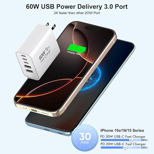 3 Pack Apple 17 Pro Max Charger Fast Charging,PD 60W 5 in 1 Multiport USB C Wall Charger Block Fast Charging, iPhone 16 Plug Cube Quick Charge for iPhone17 Air/16/16e/16 Pro/15Pro Max/14/13/12/11/iPad