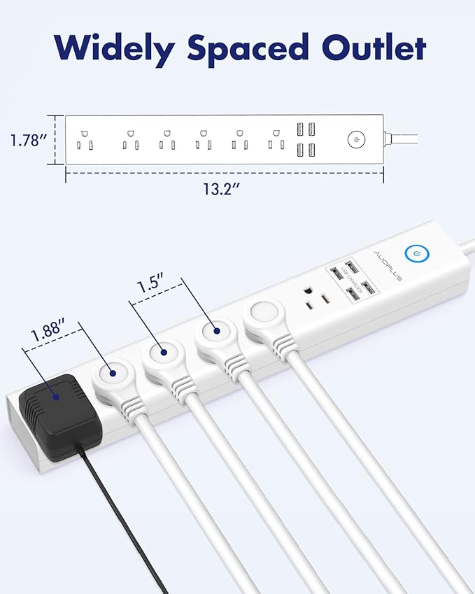 2 Pack Surge Protector Power Strip - 10FT Long Extension Cord with Multiple Outlets, 6 Widely Outlets 4 USB Charging Ports, Flat Plug Overload Surge Protection, Wall Mount for Home, Office ETL Listed