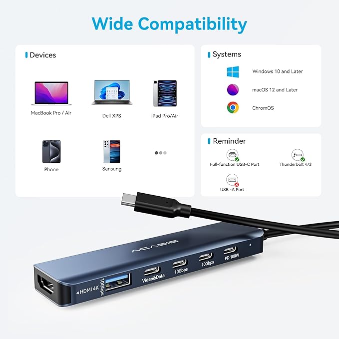 ACASIS USB C Splitter with 4K@60Hz Video Output, USB C Hub 10Gbps with 1xHDMI, 1xUSB C Video Output for Portable Monitor, 3xUSB C 10Gbps,100W PD, Multiport Adapter Splitter for Dell/HP/Mac Pro/Samsung