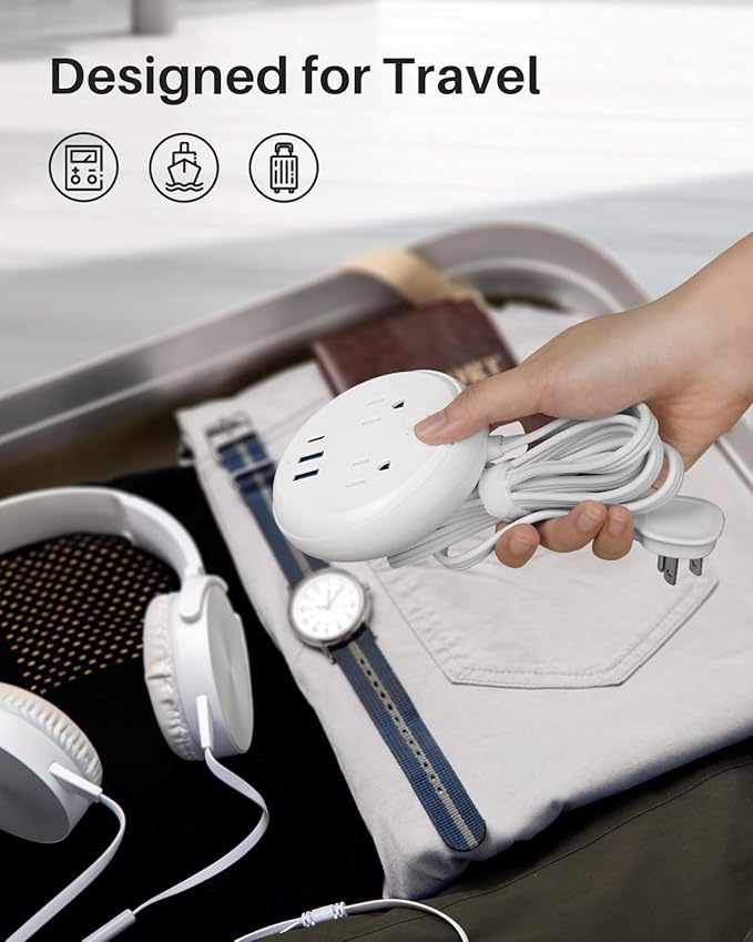Flat Plug Power Strip with USB C Ports, KOOSLA Travel Extension Cord No Surge Protection - 2 Outlets 3 USB Ports(1250W) - Cruise Essentials for Cruise Ship, Home, Office, Dorm Room, 5ft