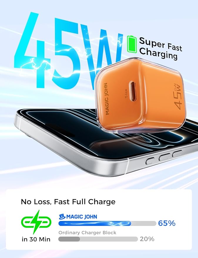 MAGIC JOHN 45W USB C Charger Block, Ultra-Fast Charging for iPhone 15/16/17 & More, Compatible with iPhone, iPad, Samsung, and Other USB C Devices Orange