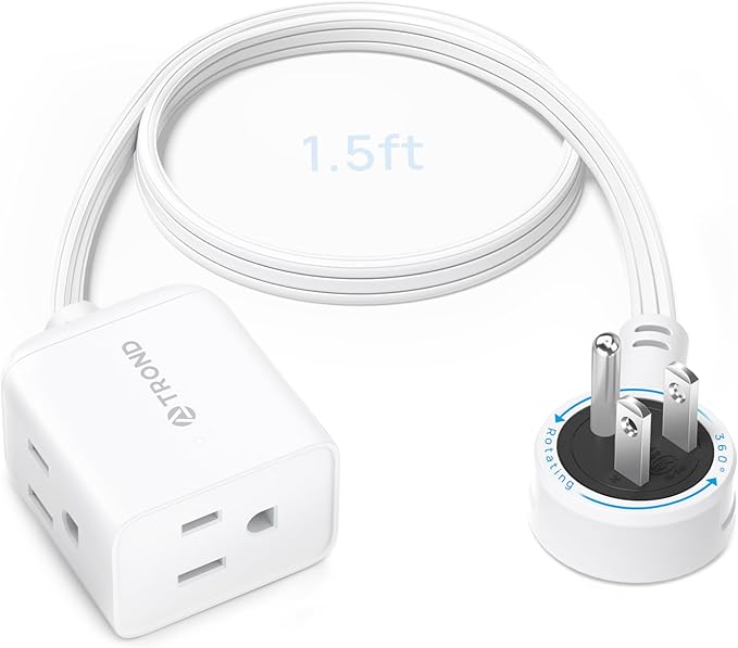 TROND Short Extension Cord 1.5ft with 360° Rotating Flat Plug, Low Profile Small Power Strip, Three Prong 3 Way Grounded Outlets, 13A, SPT 16/3 AWG Cable for Indoor Home Office Cruise Travel, White