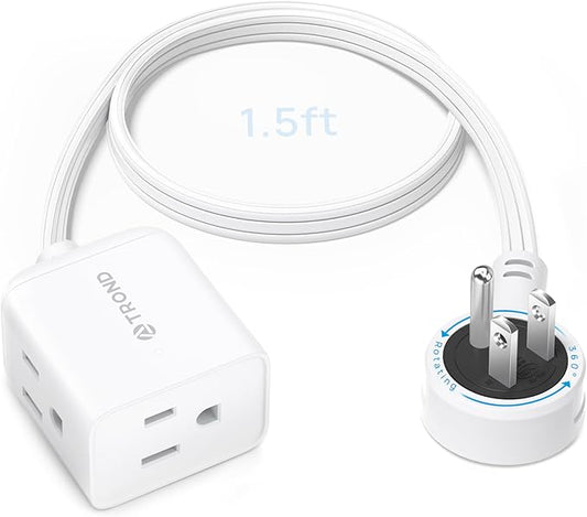 TROND Short Extension Cord 1.5ft with 360° Rotating Flat Plug, Low Profile Small Power Strip, Three Prong 3 Way Grounded Outlets, 13A, SPT 16/3 AWG Cable for Indoor Home Office Cruise Travel, White