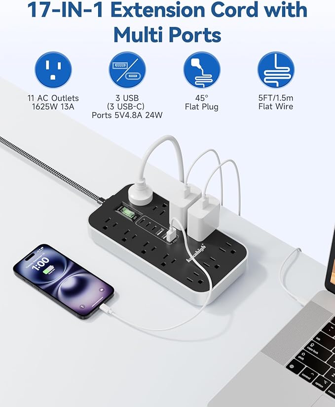 Flat Plug Extension Cord with Multiple Outlets- 5 FT USB Power Strip, 1625W AC Extension Cord with 11 AC Outlet 6 USB (24W/4.8A), Desk Charging Station for Home, Office, Dorm, Gaming Room Essentials