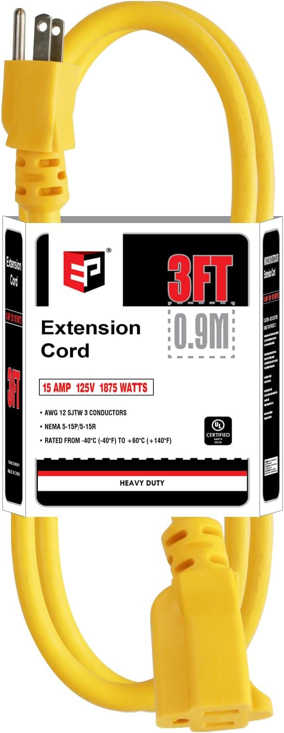 EP 3 Ft Outdoor Extension Cord, 12/3 SJTW Heavy Duty Extension Cable with 3 Prong Grounded Plug, 15 AMP Power Cord for Lawn, Garden, Appliances, Yellow