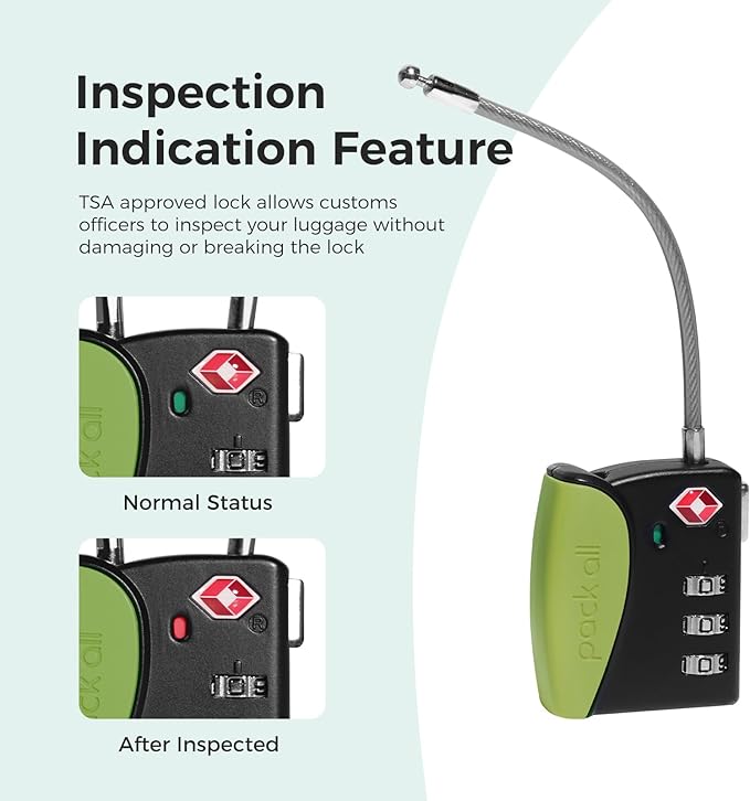 pack all TSA Approved Cable Luggage Locks, 3 Digit Combination Padlocks, Travel Lock for Suitcases & Bag, Alloy Body, Travel Accessories (1 Pack)（Apple Green）