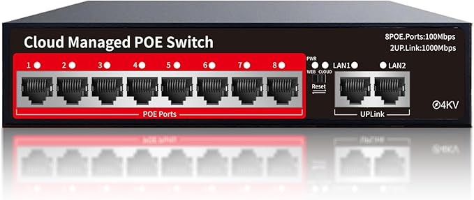 STEAMEMO PoE+ Switch, 8 Port Managed PoE Ethernet Switch(8 POE Ports +2 Uplink),120W Built-in Power, Support VLAN, QoS, Fanless Metal, Plug & Play (Desktop/Wall Mount)