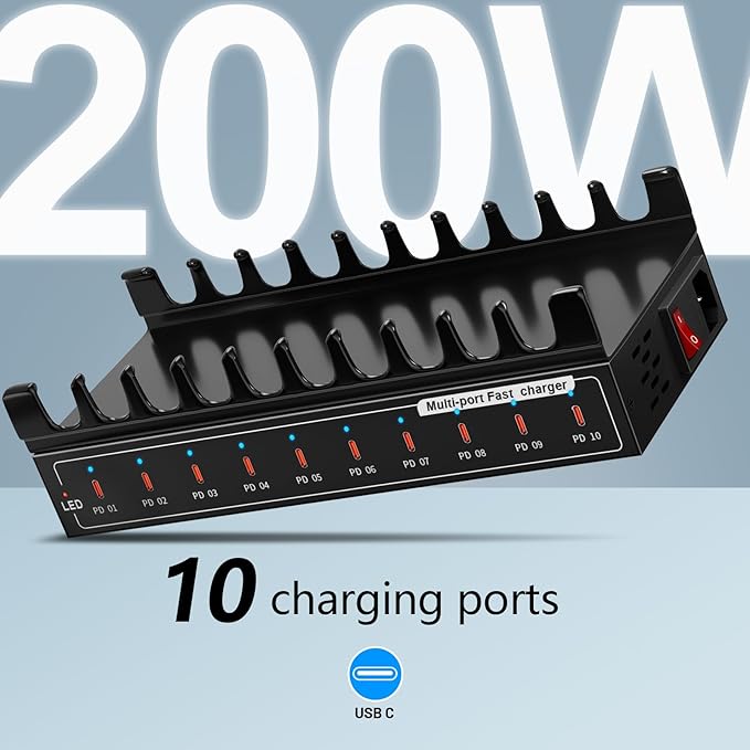 10 Port Fast Charging Station（10USB C）,200W USB C Charging Station, simultaneously Charges Mobile Phones, Tablets, Game Consoles and Headphones and Other Devices at high Speed