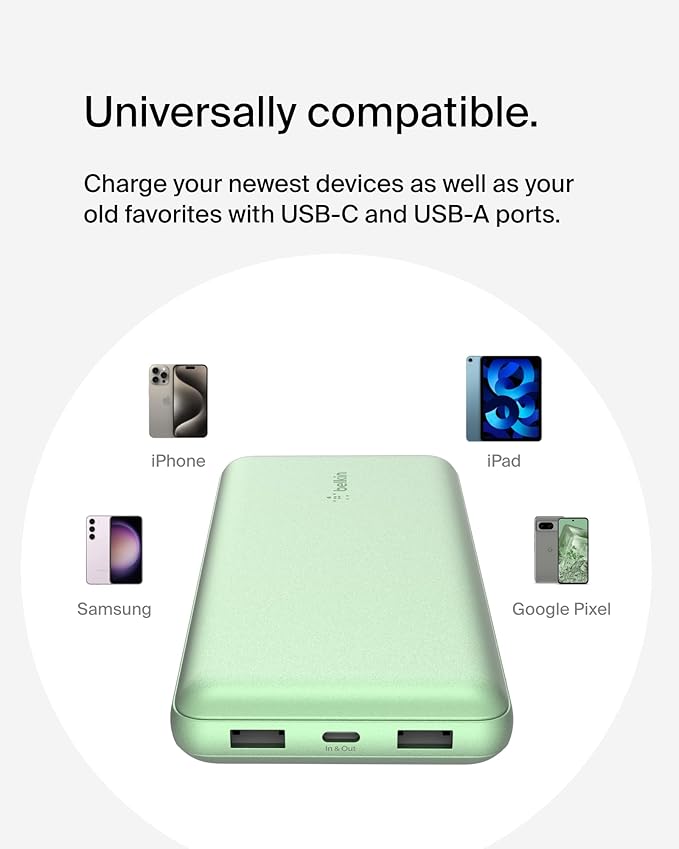 Belkin Portable Charger, USB-C Power Bank 20000 mAh w/ 2X USB-A Ports, 15W w/Type-A to Type-C Cable for iPhone 17, Air, Pro, Samsung Galaxy S25, iPad, Nintendo Switch 2, Google Pixel 10, etc. - Green