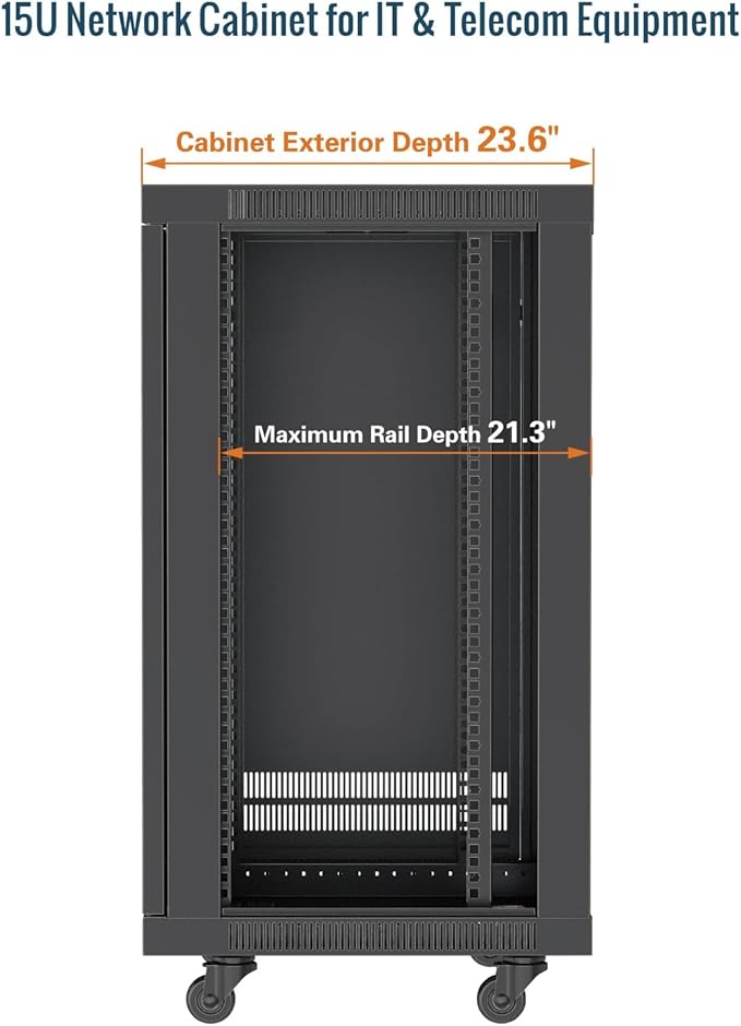 Tecmojo 15U Wall Mount Rack,15U Rack 23.6 Inch Depth,Hold Up to 176 Lbs,Enclosed Wall Mount Rack Kit for 19 Inch Network,Server and AV Gear,Glass Door(Elite Collection)