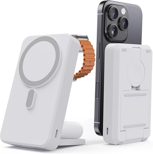 3-in-1 Portable Charger, 10000mAh Foldable Power Bank Fast Charging,MagSafe Charger Battery Pack Magnetic,Travel Wireless Charging Station for iPhone 16/15/14/13/12,iWatch, Air pods, White