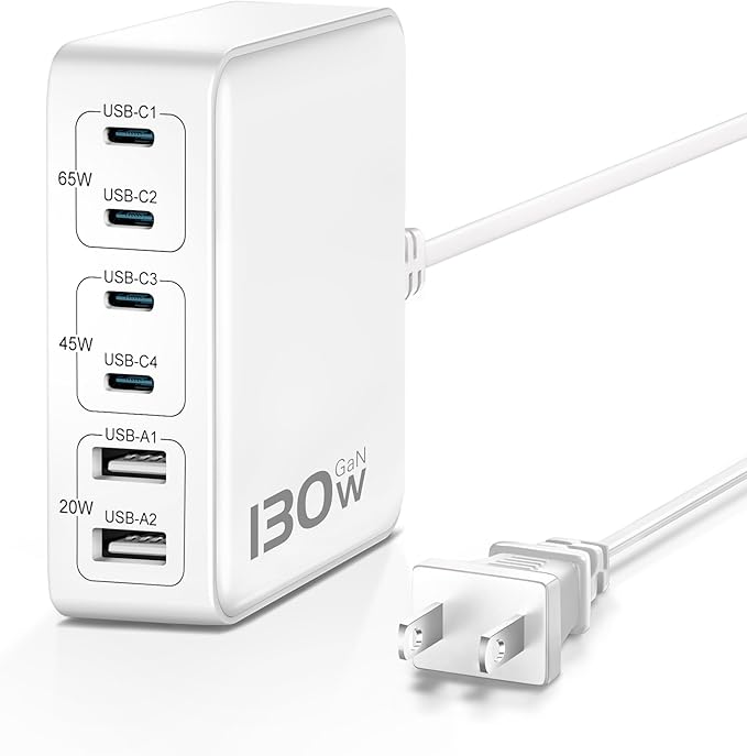 MSTJRY Charging Station for Multiple Devices : 130W 6 Port GaN Fast USB C Charger Station, Compact Multi Port PD 65W 45W Charger for MacBook Pro/Air/iPad iPhone 16 15/14/13/Pro Max/Galaxy