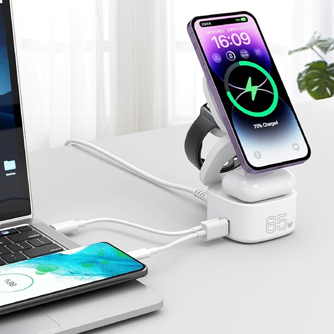 OneCharge Station, 5 in 1 Foldable Wireless Charging Station（PD Fast）,Travel Charger for iPhone Apple Watch AirPods Laptop